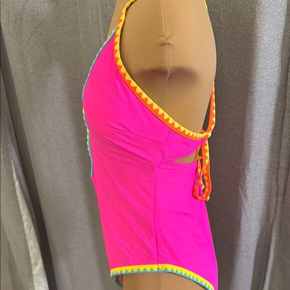 POPVIL Vibrant Pink One-Piece Swimsuit with Colorful Trim - Picture 5 of 10